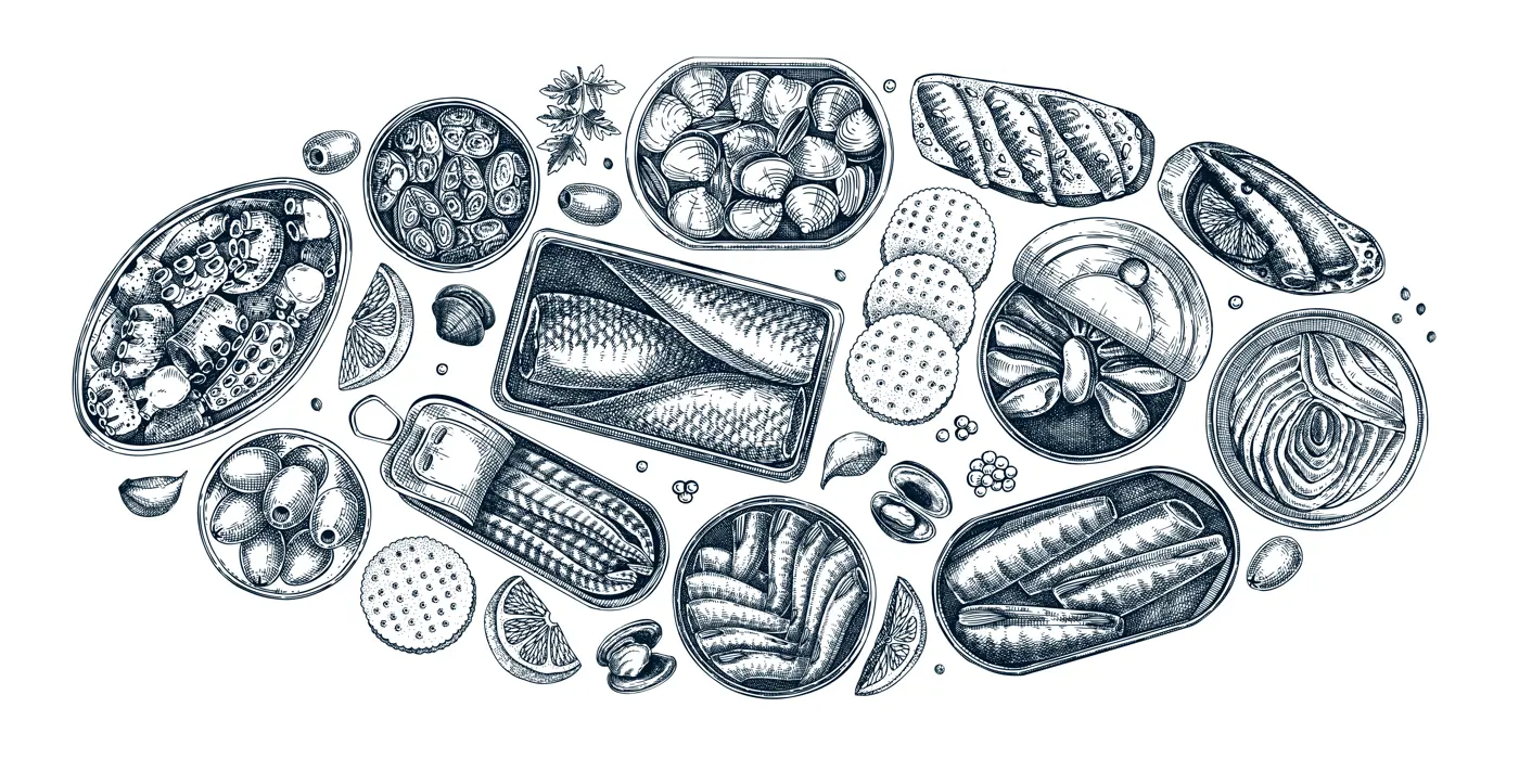 Hand drawn canned fish illustrations collection. Sardines, anchovy, mackerel, tuna, mussels in tin cans, fish canapes, olives, crackers and lemons sketches set in engraved style. Table view design Illustration